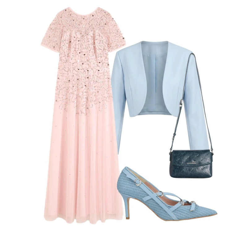 Outfit donna - Invitata al matrimonio. Stile Romantica per Cerimonia. Abbinamento con décolleté, vestiti lunghi, borse a tracolla, bolero.