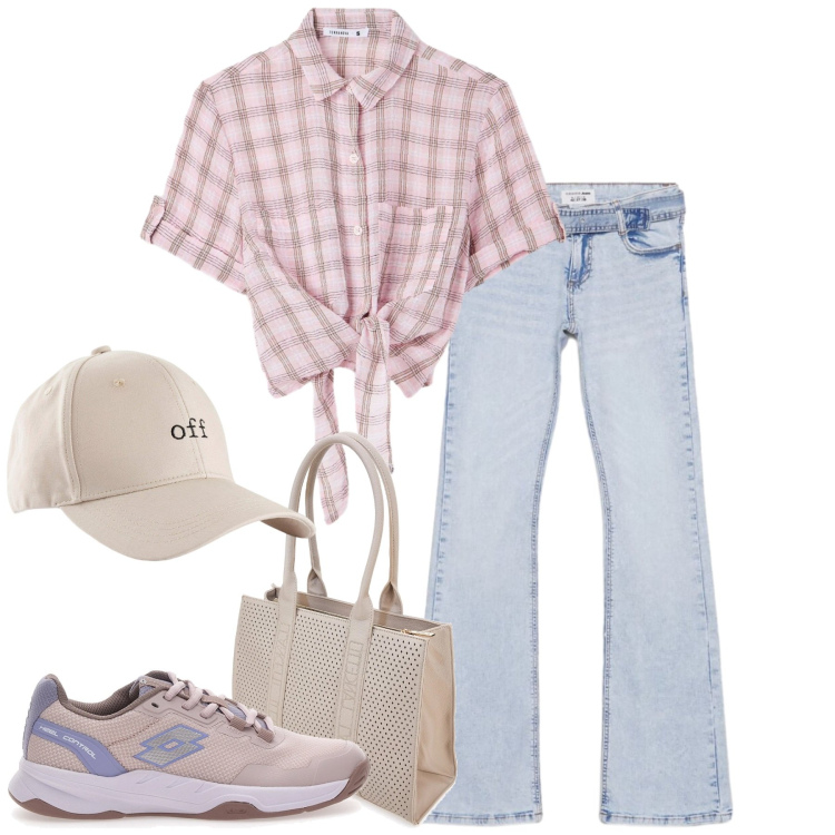 Outfit donna - La camicia col nodo. Stile Casual chic per Tutti i giorni. Abbinamento con cappelli con visiera, jeans a zampa, camicie a manica corta, sneakers, borse a spalla.