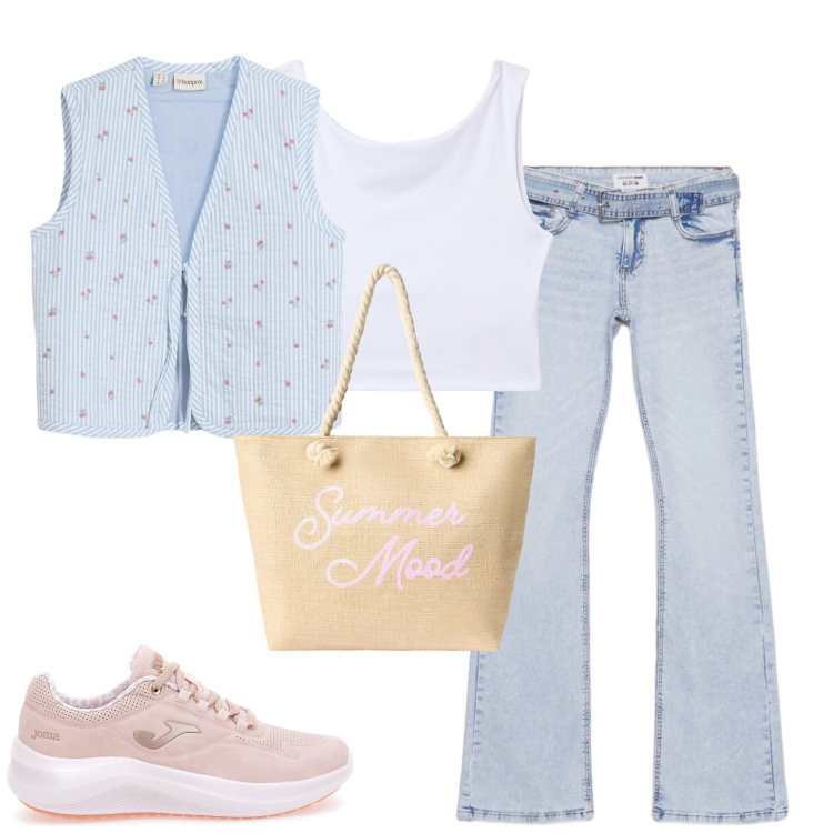 Outfit donna - Spring. Stile Casual per Tutti i giorni. Abbinamento con gilet, top, borse tote, jeans a zampa, sneakers.