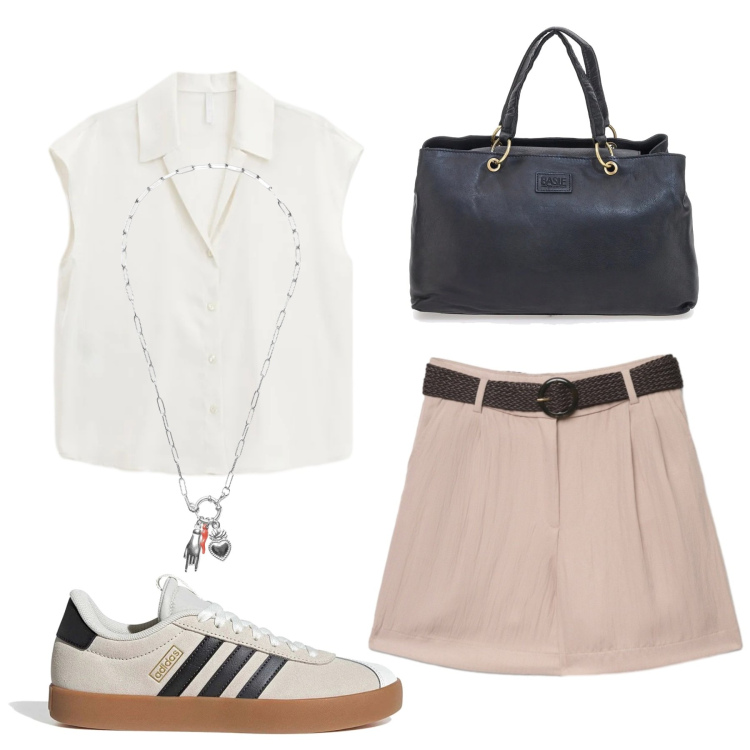 Outfit donna - Total look #2379507. Stile Minimal per Tutti i giorni. Abbinamento con bermuda, camicie, ciondoli, sneakers, borse a mano.