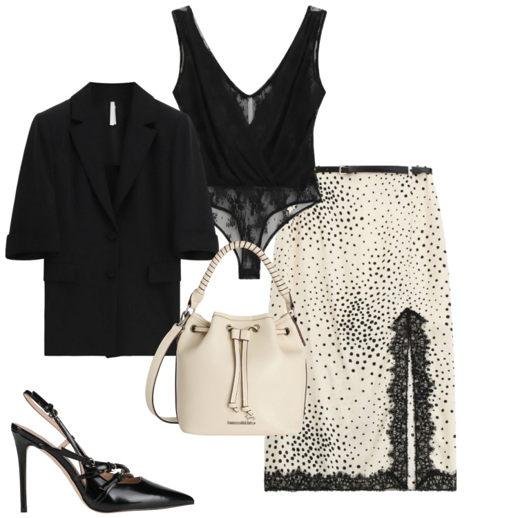 Outfit donna - Serata. Stile Trendy per Serata fuori. Abbinamento con décolleté, gonne longuette, blazer, top, borse a secchiello.