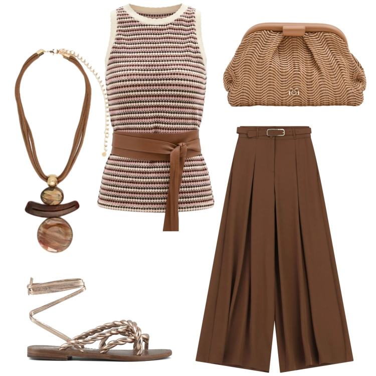 Outfit donna - Total look #2379510. Stile Etnico per Tutti i giorni. Abbinamento con ciondoli, pantaloni a palazzo, canottiere, pochette, sandali in pelle.