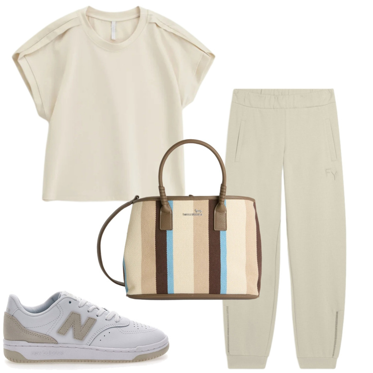 Outfit donna - Sporty. Stile Casual per Tutti i giorni. Abbinamento con top, shopping bag, pantaloni, sneakers.