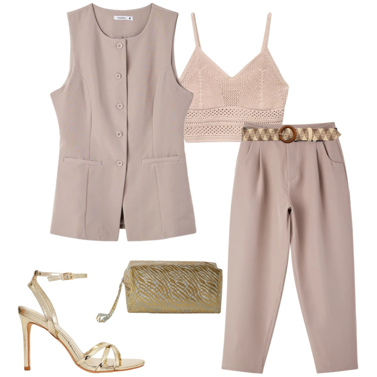 Outfit donna - Terranova spring deals. Stile Casual chic per Serata fuori. Abbinamento con pantaloni, gilet, valigie, sandali col tacco, top, cinture.
