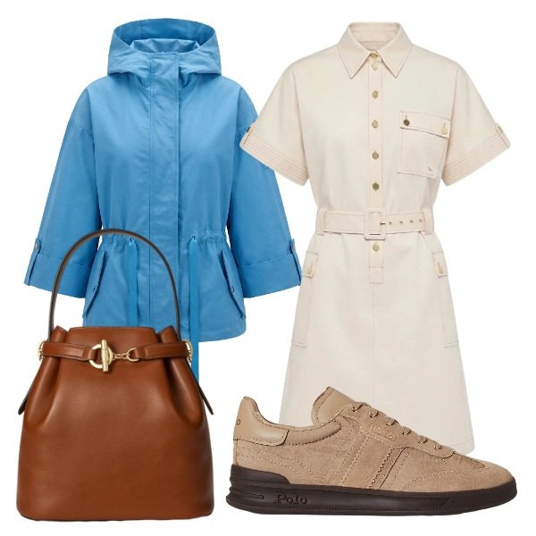 Outfit donna - Abito leggero. Stile Sporty chic per Tutti i giorni. Abbinamento con caban, vestiti chemisier, sneakers, borse a secchiello.
