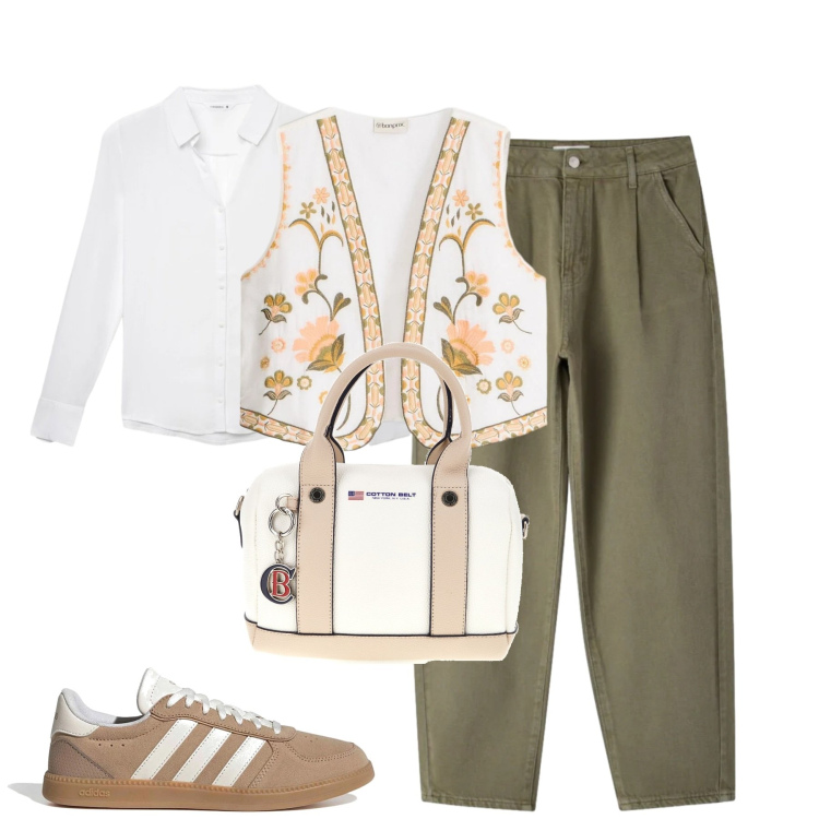 Outfit donna - City. Stile Casual per Tutti i giorni. Abbinamento con gilet, pantaloni, camicie, sneakers, borse a mano.