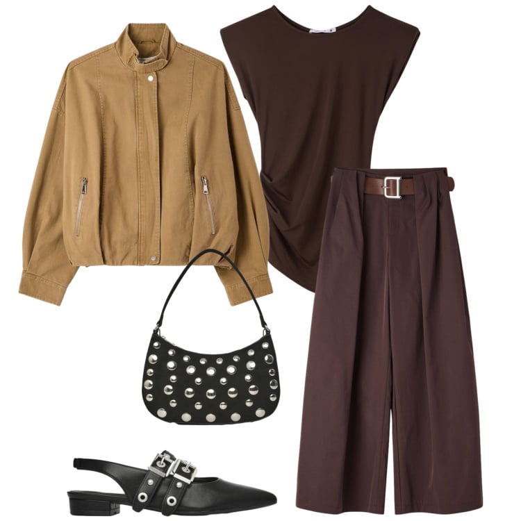 Outfit donna - Terranova spring deals. Stile Casual chic per Serata fuori. Abbinamento con pantaloni, top, bomber, ballerine, borse a tracolla.