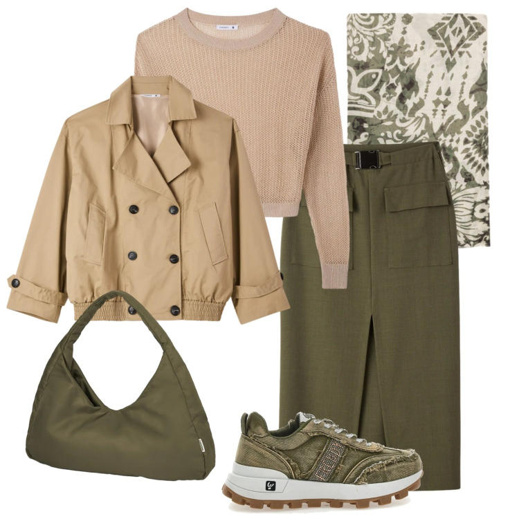 Outfit donna - Verde militare in ufficio. Stile Military per Ufficio. Abbinamento con maglieria, trench, gonne longuette, foulard, borse a spalla, sneakers.