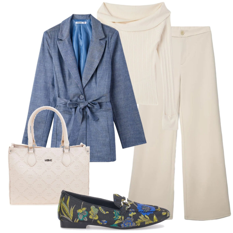 Outfit donna - Fiori sulle scarpe. Stile Glamour per Ufficio. Abbinamento con maglieria, pantaloni, blazer, mocassini, borse a tracolla.