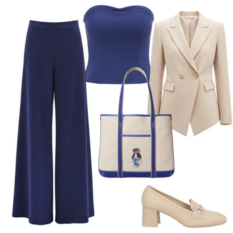 Outfit donna - Tailleur beige e blu. Stile Casual chic per Serata fuori. Abbinamento con mocassini, pantaloni a palazzo, top, blazer, borse tote.
