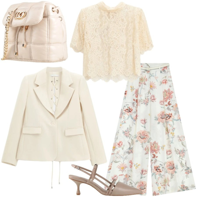 Outfit donna - Un blazer a primavera. Stile Casual chic per Cerimonia. Abbinamento con décolleté, valigie, top, pantaloni a palazzo, blazer.