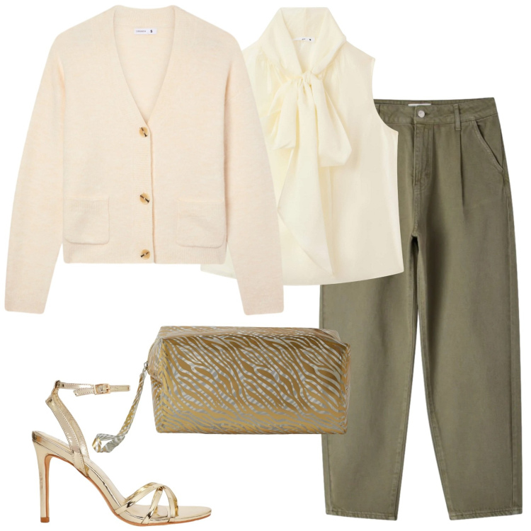 Outfit donna - Serata in pantaloni. Stile Casual chic per Serata fuori. Abbinamento con pantaloni, bluse, valigie, sandali col tacco, cardigans.
