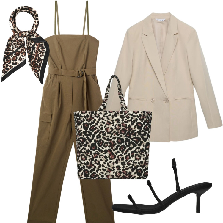 Outfit donna - Terranova Spring Deals. Stile Casual chic per Serata fuori. Abbinamento con tute, blazer, foulard, shopping bag, sandali col tacco.