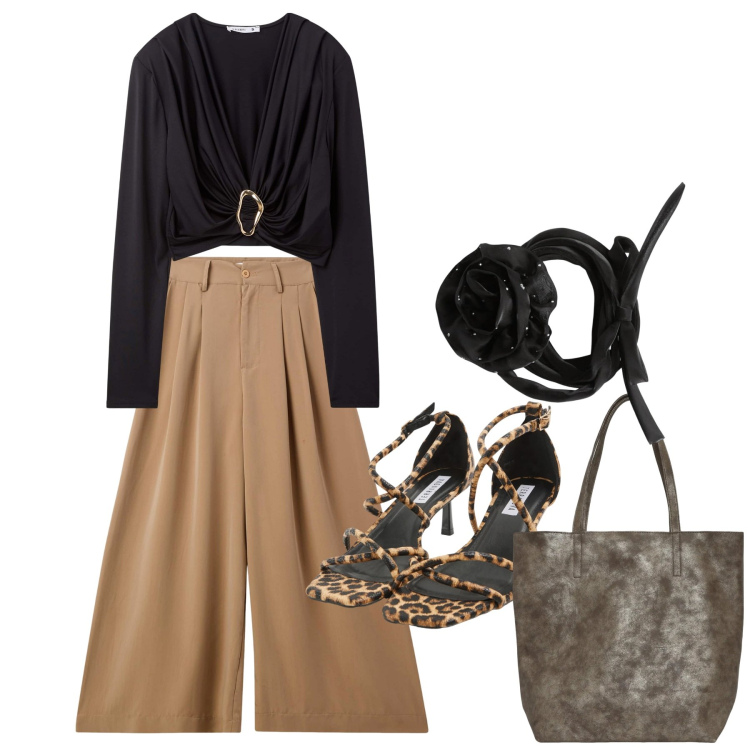 Outfit donna - Terranova Spring Deals. Stile Chic per Serata fuori. Abbinamento con pantaloni, maglieria, shopping bag, collane, sandali col tacco.