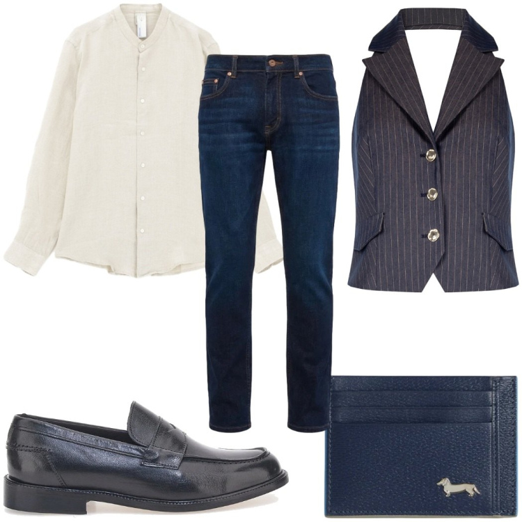Outfit uomo - Total look #2379557. Stile Casual per Ufficio. Abbinamento con camicie, gilet, portafogli, jeans, scarpe stringate.