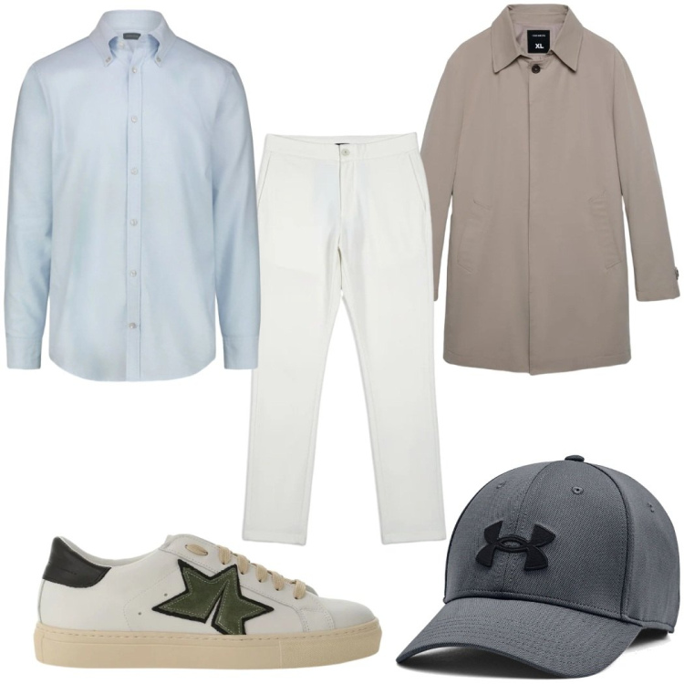 Outfit uomo - Total look #2379558. Stile Casual per Tutti i giorni. Abbinamento con trench, sneakers, pantaloni, cappelli, camicie.