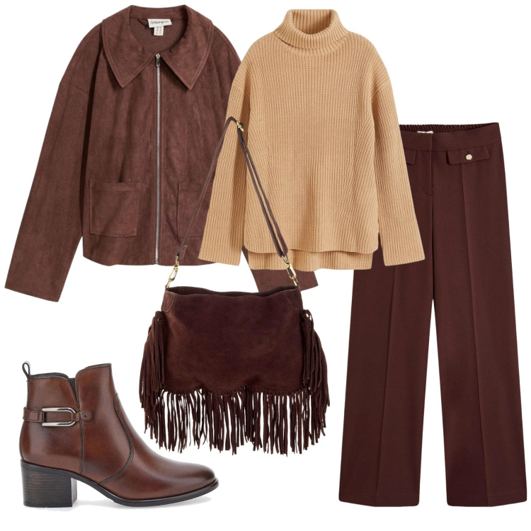 Outfit donna - Total look #2379559. Stile Basic per Ufficio. Abbinamento con pantaloni, borse a tracolla, maglieria, cappotti, stivaletti.