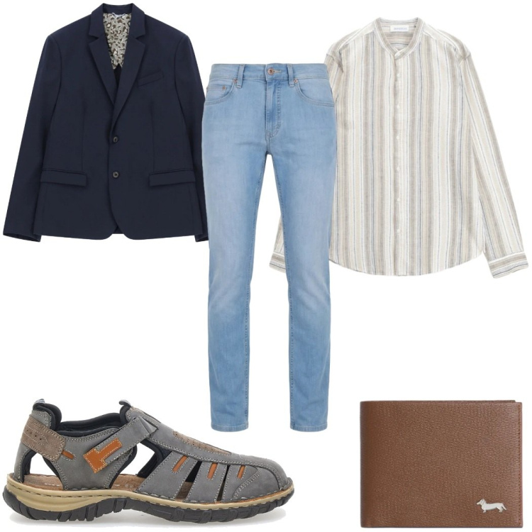 Outfit uomo - Total look #2379561. Stile Trendy per Tutti i giorni. Abbinamento con portafogli, jeans, giacche, camicie, sandali.