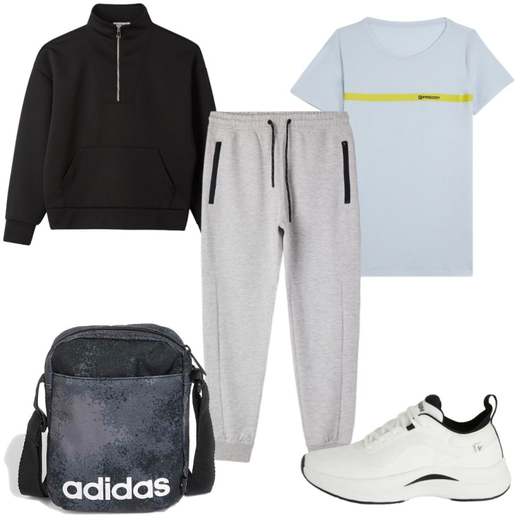 Outfit uomo - Total look #2379566. Stile Trendy per Sport. Abbinamento con pantaloni, felpe, sneakers, t-shirt, borse sportive.