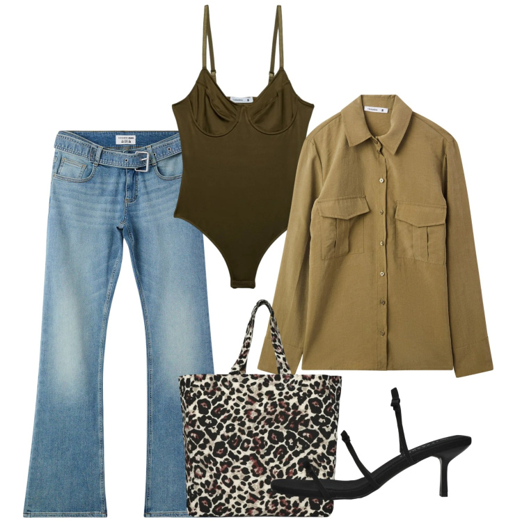 Outfit donna - Terranova Spring Deals. Stile Casual chic per Tutti i giorni. Abbinamento con jeans a zampa, camicie, sandali col tacco, top, shopping bag.