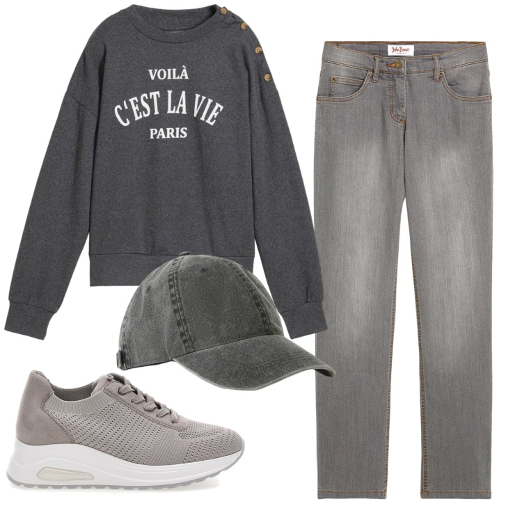 Outfit donna - Total look #2379571. Stile Casual per Tutti i giorni. Abbinamento con jeans dritti, felpe, cappelli con visiera, sneakers alte.