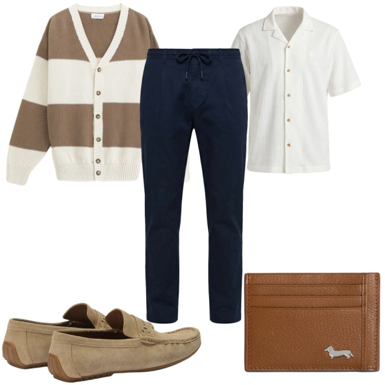 Outfit uomo - Total look #2379573. Stile Casual per Tutti i giorni. Abbinamento con cardigans, portafogli, scarpe stringate, camicie a manica corta, pantaloni.
