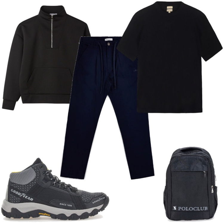 Outfit uomo - Total look #2379574. Stile Casual per Tutti i giorni. Abbinamento con felpe, stivali e stivaletti, t-shirt, pantaloni, borse sportive.