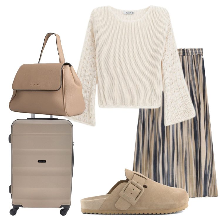 Outfit donna - In viaggio. Stile Casual chic per Tutti i giorni. Abbinamento con zaini, gonne lunghe, maglieria, valigie, sabot.