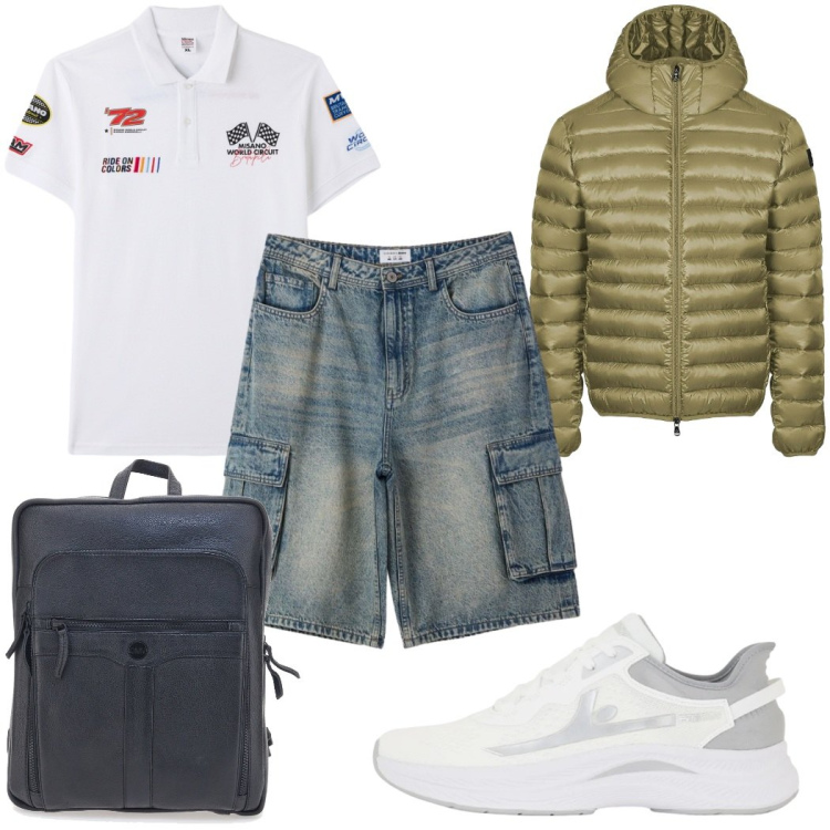 Outfit uomo - Total look #2379576. Stile Trendy per Tutti i giorni. Abbinamento con polo, pantaloni corti, sneakers, bomber, borse sportive.