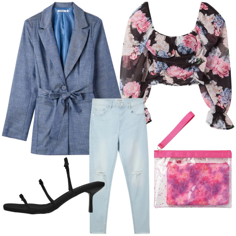 Outfit donna - Terranova Spring Deals. Stile Glamour per Tutti i giorni. Abbinamento con bluse, jeans strappati, pochette, sandali col tacco, blazer.
