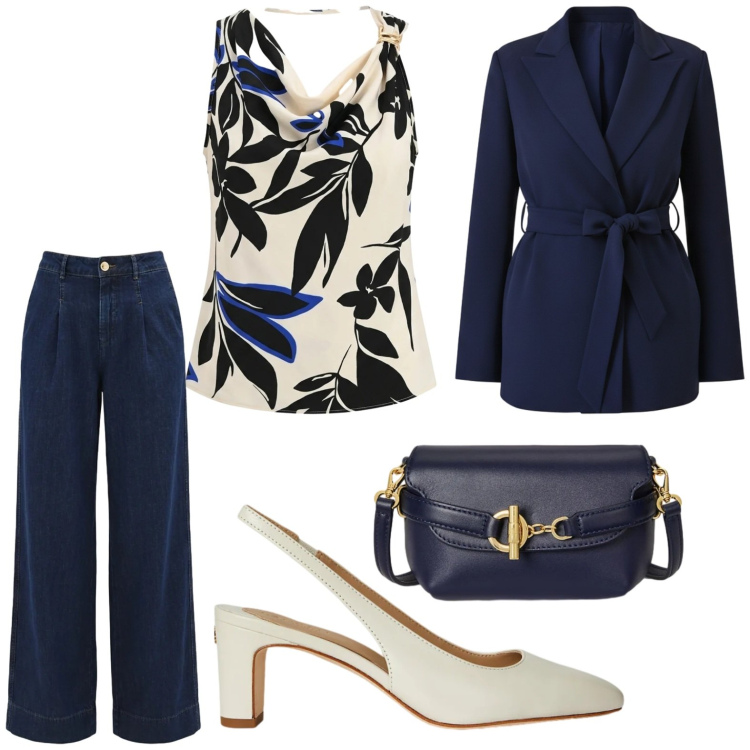 Outfit donna - Tailleur Rinascimento. Stile Glamour per Cerimonia. Abbinamento con blazer, jeans dritti, canottiere, borse a tracolla, décolleté.