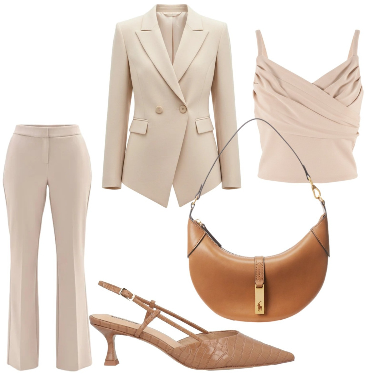 Outfit donna - Tailleur Rinascimento. Stile Chic per Cerimonia. Abbinamento con décolleté, blazer, canottiere, pantaloni, borse a spalla.