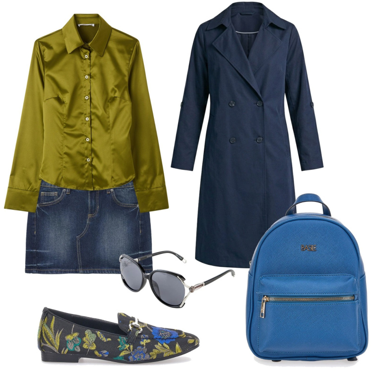 Outfit donna - Olive & blue. Stile Urban per Serata fuori. Abbinamento con occhiali da sole, trench, camicie, minigonne, mocassini, zaini.