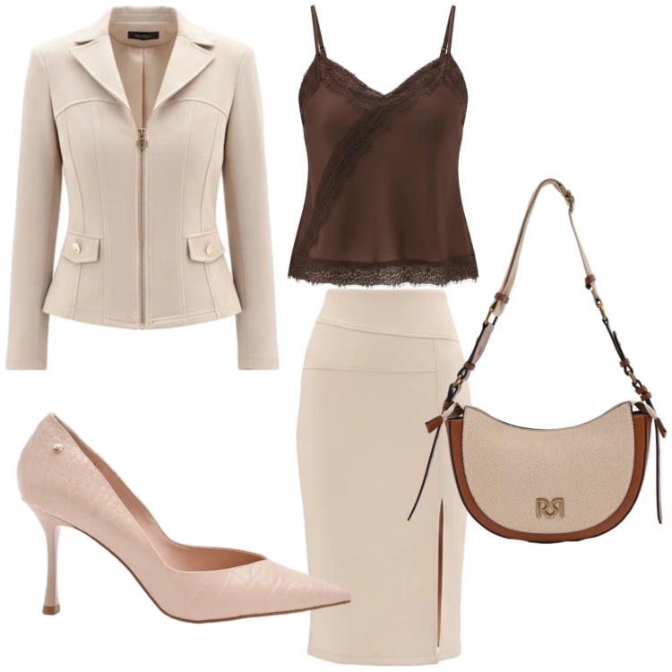 Outfit donna - Tailleur Rinascimento. Stile Glamour per Cerimonia. Abbinamento con gonne longuette, canottiere, décolleté, blazer, borse a tracolla.