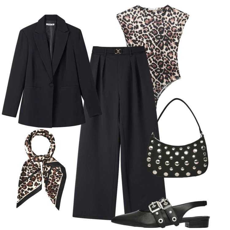 Outfit donna - Serata Terranova. Stile Glamour per Serata fuori. Abbinamento con pantaloni, top, blazer, borse a tracolla, ballerine, foulard.