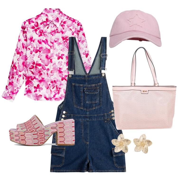 Outfit donna - Total look #2379595. Stile Romantica per Tutti i giorni. Abbinamento con orecchini, salopette, camicie, cappelli con visiera, sabot, borse a spalla.