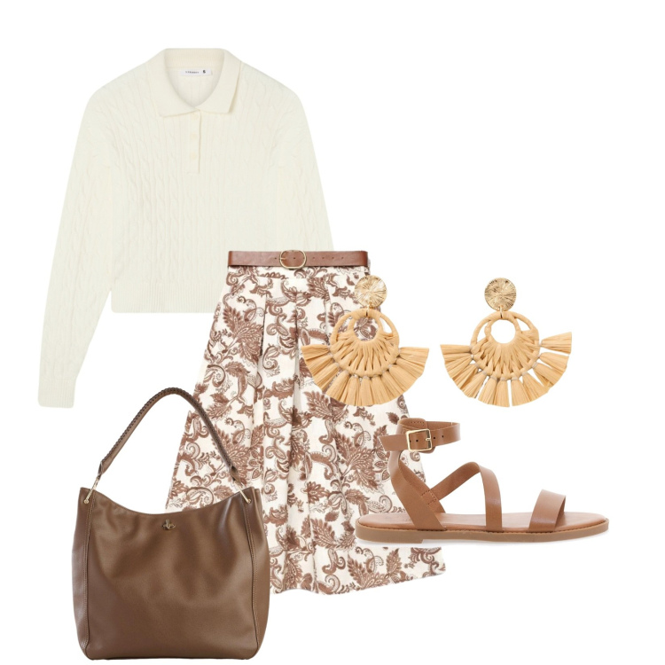 Outfit donna - Total look #2379596. Stile Casual per Tutti i giorni. Abbinamento con borse a tracolla, orecchini, polo, gonne lunghe, sandali in pelle.
