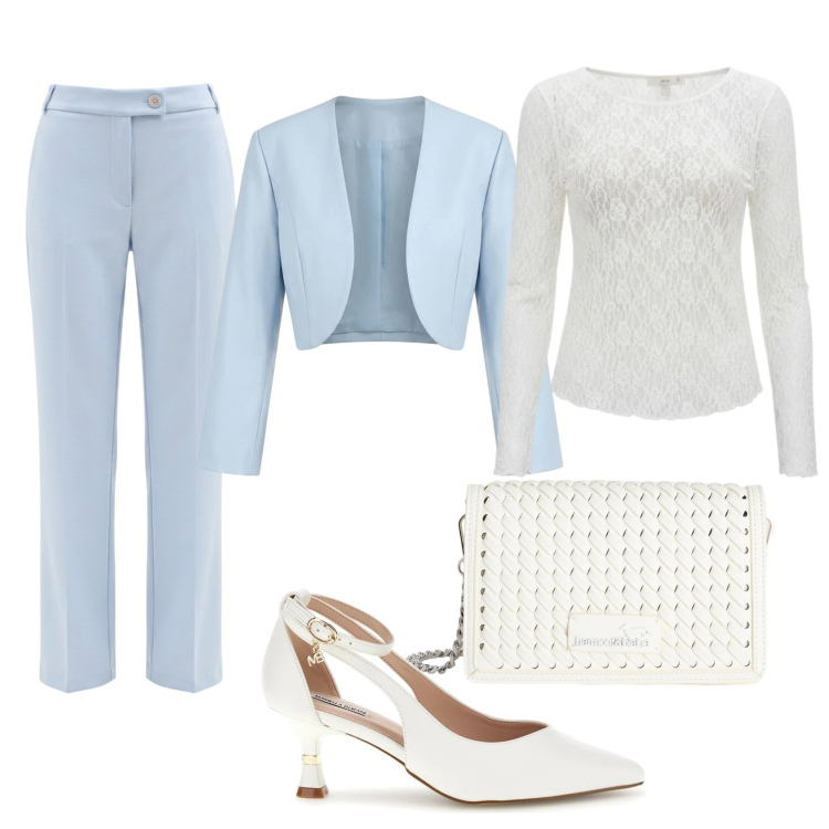 Outfit donna - Azzurro pastello. Stile Casual chic per Serata fuori. Abbinamento con pantaloni, bluse, bolero, borse a tracolla, décolleté.