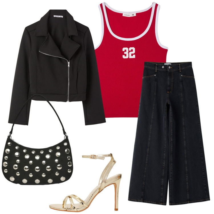 Outfit donna - Tacchi. per Serata fuori. Abbinamento con giacche, jeans, borse a tracolla, sandali col tacco, canottiere.