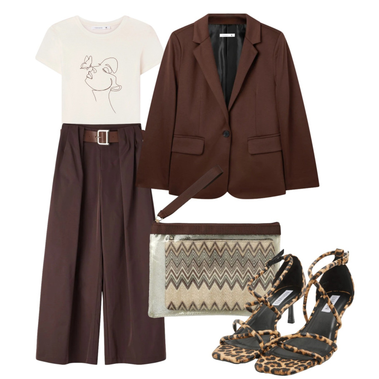 Outfit donna - Terranova Glam Events: il completo è il. Stile Chic per Tutti i giorni. Abbinamento con blazer, pantaloni, pochette, t-shirt, sandali col tacco.