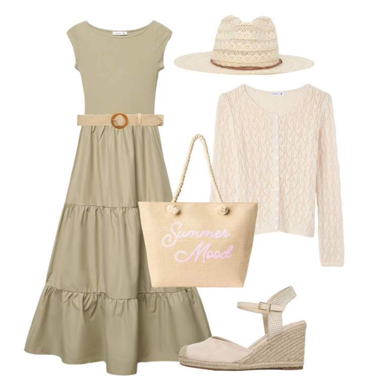 Outfit donna - Passeggiata lungomare. Stile Trendy per Tutti i giorni. Abbinamento con vestiti lunghi, cardigans, cinture, zeppe, borse tote, cappelli.