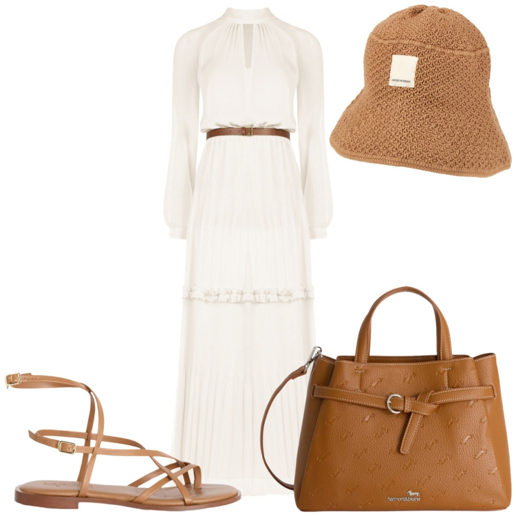 Outfit donna - In stile moderno. Stile Romantica per Tutti i giorni. Abbinamento con cappelli, vestiti lunghi, borse a mano, sandali in pelle.