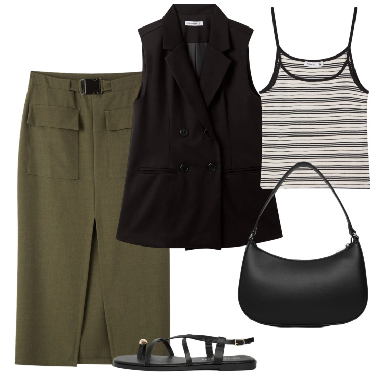 Outfit donna - Terranova spring deals. Stile Urban per Tutti i giorni. Abbinamento con gonne longuette, sandali, canottiere, borse a tracolla, gilet.