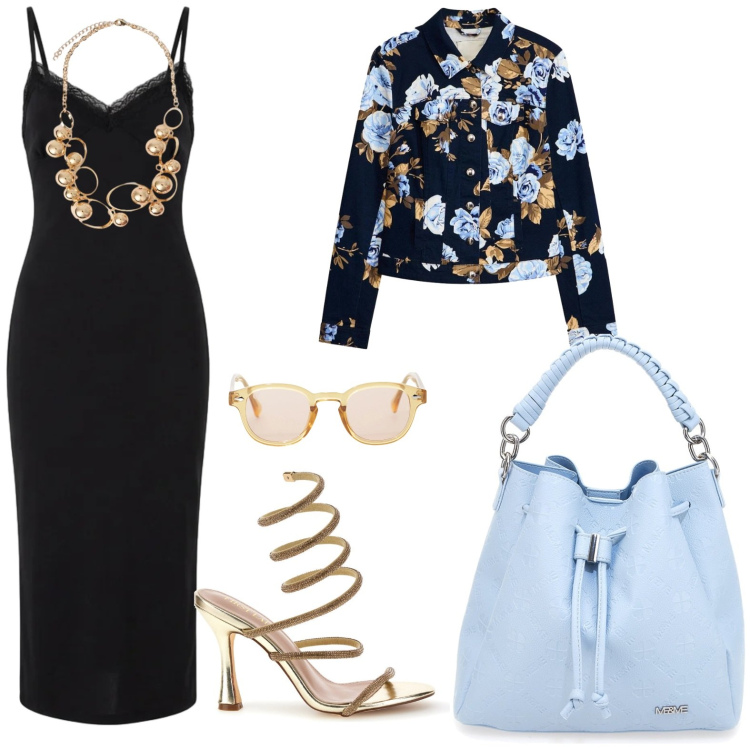 Outfit donna - Total look #2379613. Stile Glamour per Cerimonia. Abbinamento con blazer, vestiti midi/longuette, collane, occhiali da sole, borse a secchiello, sandali col tacco.