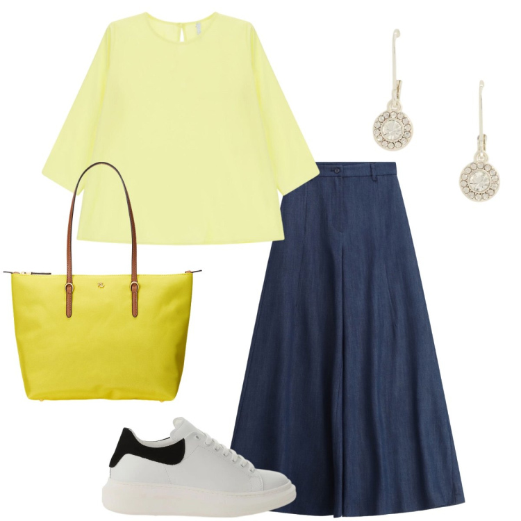 Outfit donna - Total look #2379623. Stile Casual per Tutti i giorni. Abbinamento con pantaloni a palazzo, top, sneakers, borse tote, orecchini.