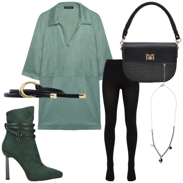 Outfit donna - Total look #2379625. Stile Trendy per Serata fuori. Abbinamento con stivaletti, cinture, vestiti corti, collant, borse a spalla, ciondoli.