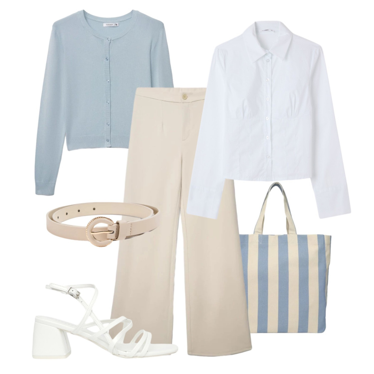 Outfit donna - Ufficio Terranova. Stile Glamour per Ufficio. Abbinamento con cardigans, pantaloni, camicie, shopping bag, sandali col tacco, cinture.