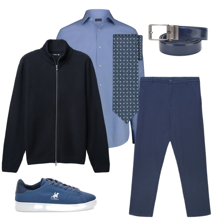 Outfit uomo - Un Layering Smart-Casual. Stile Urban per Tutti i giorni. Abbinamento con pantaloni, maglieria, sneakers, cravatte, camicie, cinture.