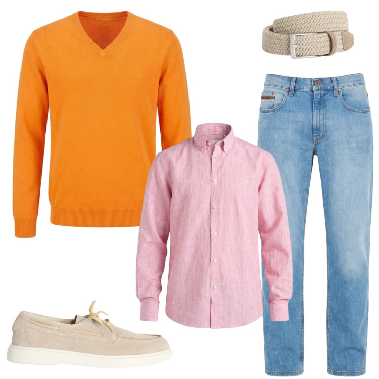 Outfit uomo - Colorful preppy man. Stile Casual per Tutti i giorni. Abbinamento con jeans, scarpe stringate, cinture, pullovers, camicie.