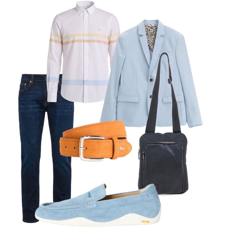 Outfit uomo - Colori pastello. Stile Casual per Tutti i giorni. Abbinamento con giacche, cinture, scarpe stringate, jeans, camicie, portafogli.
